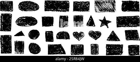 Set of abstract geometric basic shapes drawn with pastel black color or charcoal. Hand drawn paint quote frame collection. Empty monochrome speech Stock Vector