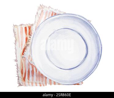 Empty plate illustration isolated on a white background. Hand painted menu concept clipart. Kitchen utencils. Stock Photo