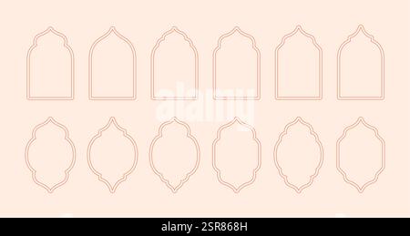 Set of linear oriental window frames. Islamic traditional arches and mosque doors. Vector illustration Stock Vector