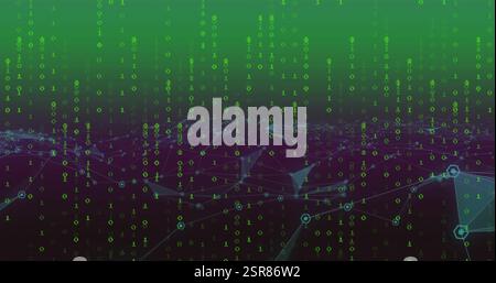 Image of binary coding data processing with glowing neon light trails Stock Photo