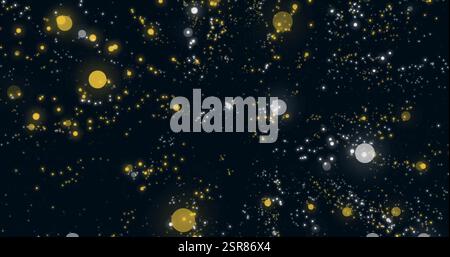 Image of multiplying white and yellow light spots advancing on black background Stock Photo