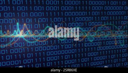 Image of binary coding data processing with glowing neon light trails Stock Photo