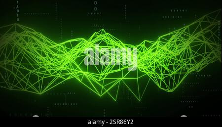 Image of data transfer glowing neon light trails over black background Stock Photo