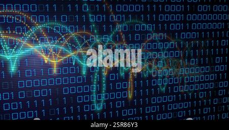 Image of binary coding data processing with glowing neon light trails Stock Photo