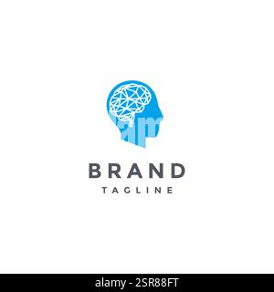 Brain Fragment In Head Silhouette Logo Design. Geometric Brain Outline Inside Head Silhouette Logo Design. Stock Vector