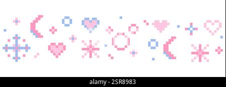 Pixel star sparkle cute retro 8 bit sparkle seamless border. Shiny pink game pixel art effect decoration. Firework burst, arrow, space decoration. 90s aesthetics, y2k . Vector illustration Stock Vector
