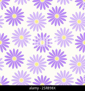 Purple asters on beige background. Seamless pattern, lilac flowers print for wrapping paper wallpaper textile. Vector illustration Stock Vector