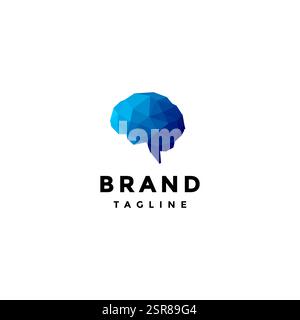 Gradient Blue Mosaic Brain Logo Design. Simple Blue Crystal Brain Symbol Logo Design. Stock Vector