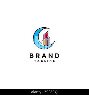 Cheerful Colorful Dream City Logo Design. Crescent Moon Line Design With Skyscraper Silhouettes. Stock Vector