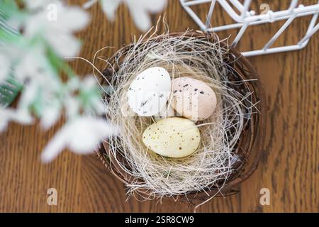 Three beautifully colored Easter eggs, speckled in various shades, rest in decorative straw nest on brown wooden background. Setting features wooden t Stock Photo