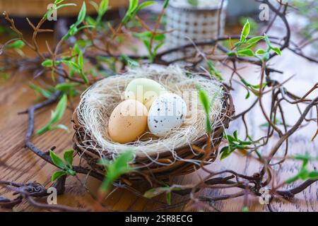 Three colorful eggs in natural straw nest surrounded by green leaves on brown wooden surface. Easter holiday home decor, spring background Stock Photo