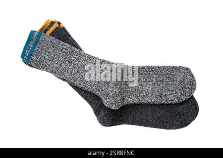 Top view of grey woolen winter socks on white background Stock Photo