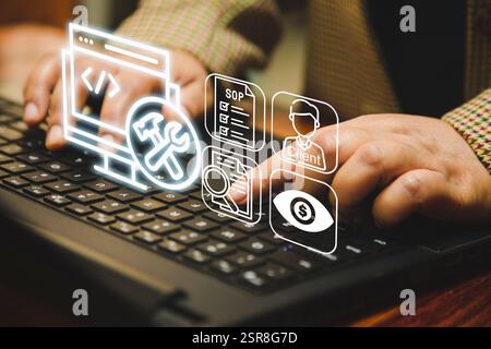A woman types with digital icons representing build systems, software development, client management, SOPs, and financial oversight, symbolizing autom Stock Photo