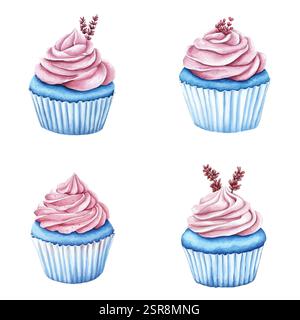 A handdrawn watercolor illustration of Hand-drawn watercolor cupcake illustrations that was image traced and vectorized. The illustration is perfect f Stock Vector