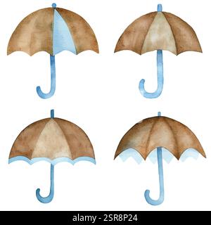 A handdrawn watercolor illustration of Umbrella in the rain watercolor hand drawn set that was image traced and vectorized. The illustration is perfec Stock Vector
