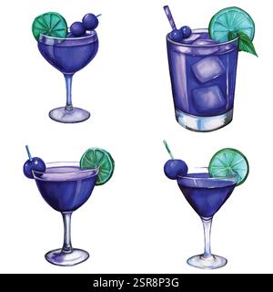 A handdrawn watercolor illustration of Hand-drawn watercolor cocktail set that was image traced and vectorized. The illustration is perfect for any de Stock Vector