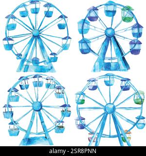 A handdrawn watercolor illustration of Ferris Wheel Hand-Drawn Illustration Set that was image traced and vectorized. The illustration is perfect for Stock Vector
