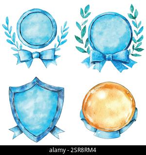 A handdrawn watercolor illustration of Hand-drawn Watercolor Badge Set that was image traced and vectorized. The illustration is perfect for any desig Stock Vector