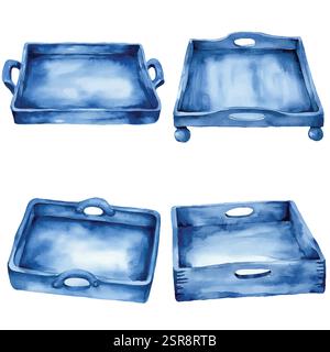 A handdrawn watercolor illustration of Wooden tray hand-drawn illustration set that was image traced and vectorized. The illustration is perfect for a Stock Vector