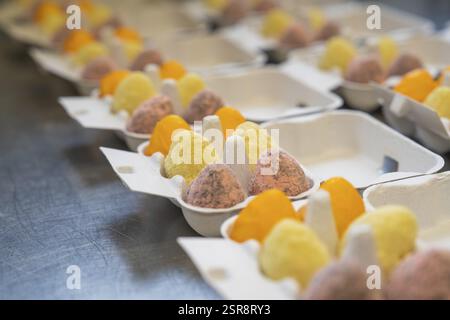 Various colourful eggs in packaging on a metal table, as if arranged by a sorting machine, Easter baking and chocolate icing at Haselstaller Hof, Gech Stock Photo