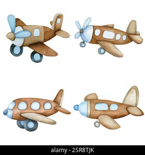 A handdrawn watercolor illustration of Airplane Watercolor Hand-Drawn Set for Kids that was image traced and vectorized. The illustration is perfect f Stock Vector