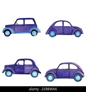 A handdrawn watercolor illustration of Hand-drawn watercolor toy car set that was image traced and vectorized. The illustration is perfect for any des Stock Vector