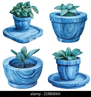 A handdrawn watercolor illustration of Wooden flowerpot holder hand-drawn set collection that was image traced and vectorized. The illustration is per Stock Vector