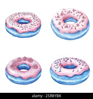 A handdrawn watercolor illustration of Hand-drawn watercolor donut illustration set that was image traced and vectorized. The illustration is perfect Stock Vector