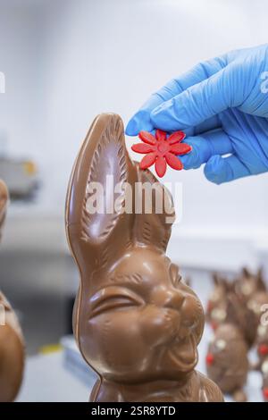 A hand with a blue glove decorates a chocolate bunny with a red flower, Easter baking and chocolate icing at Haselstaller Hof, Gechingen, Black Forest Stock Photo