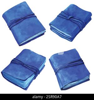 A handdrawn watercolor illustration of Worn Leather Journal Set, Hand-Drawn that was image traced and vectorized. The illustration is perfect for any Stock Vector