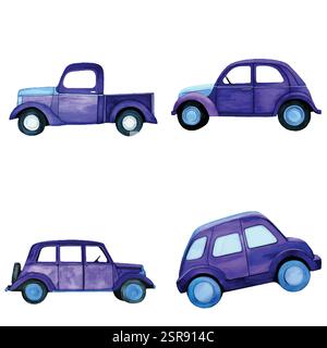 A handdrawn watercolor illustration of Hand-drawn toy car watercolor set that was image traced and vectorized. The illustration is perfect for any des Stock Vector