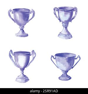 A handdrawn watercolor illustration of Hand-drawn watercolor trophy set that was image traced and vectorized. The illustration is perfect for any desi Stock Vector