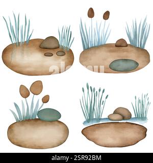 A handdrawn watercolor illustration of Pond Watercolor Hand-Drawn Set that was image traced and vectorized. The illustration is perfect for any design Stock Vector