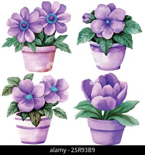 A handdrawn watercolor illustration of Hand-drawn watercolor flower pot set that was image traced and vectorized. The illustration is perfect for any Stock Vector