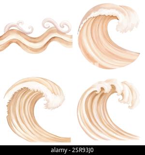 A handdrawn watercolor illustration of Ocean wave watercolor hand drawn set that was image traced and vectorized. The illustration is perfect for any Stock Vector