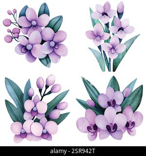 A handdrawn watercolor illustration of Watercolor Orchids Hand Drawn Set that was image traced and vectorized. The illustration is perfect for any des Stock Vector
