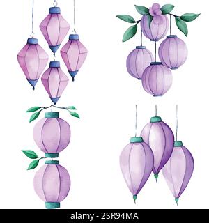 A handdrawn watercolor illustration of Hand-drawn Paper Lantern Set that was image traced and vectorized. The illustration is perfect for any design p Stock Vector