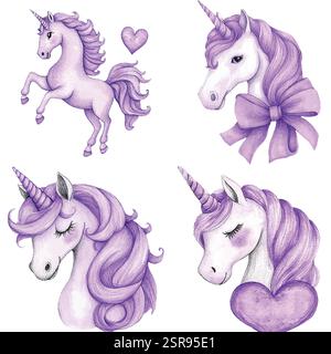 A handdrawn watercolor illustration of Unicorn Hand-Drawn Illustration Set that was image traced and vectorized. The illustration is perfect for any d Stock Vector
