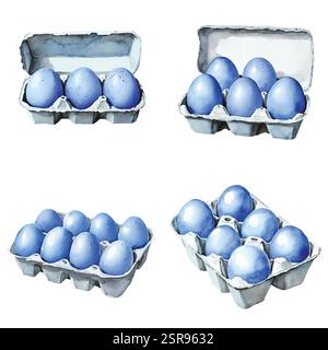 A handdrawn watercolor illustration of Chicken eggs in a carton pack: watercolor illustration that was image traced and vectorized. The illustration i Stock Vector