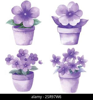 A handdrawn watercolor illustration of Hand-drawn watercolor flower pot set that was image traced and vectorized. The illustration is perfect for any Stock Vector