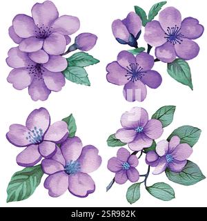 A handdrawn watercolor illustration of Blossom branch watercolor hand drawn set that was image traced and vectorized. The illustration is perfect for Stock Vector