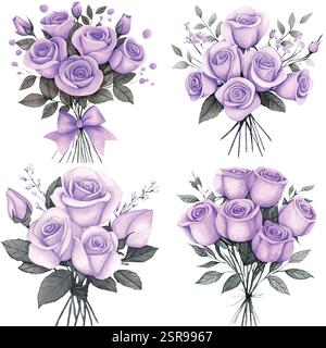 A handdrawn watercolor illustration of Watercolor Hand-Drawn Rose Arrangement Set that was image traced and vectorized. The illustration is perfect fo Stock Vector