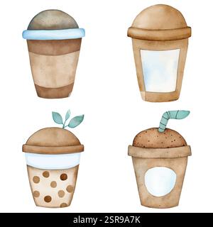 A handdrawn watercolor illustration of Smoothie cup watercolor hand drawn set that was image traced and vectorized. Stock Vector