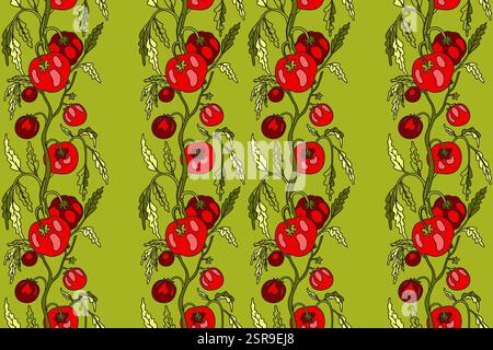 Botanical seamless pattern with cartoon growing red tomatoes vector illustration. Repeating vegetables pattern in green color background. Graphic desi Stock Vector