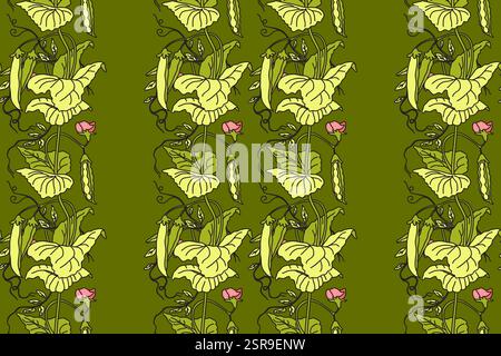 Botanical seamless pattern with cartoon growing green peas vector illustration.Repeating vegetables pattern in green color background. Graphic design Stock Vector