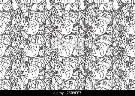 Line art seamless pattern with growing tomatoes vector illustration. Hand drawn outline repeating vegetables pattern background. Graphic design for Wa Stock Vector