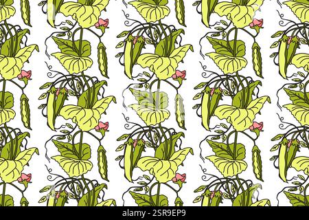 Botanical seamless pattern with cartoon growing green peas vector illustration. Repeating vegetables pattern in white color background. Graphic design Stock Vector