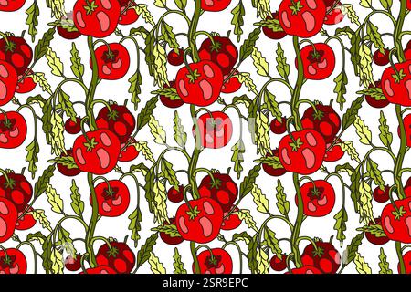Botanical seamless pattern with cartoon growing red tomatoes vector illustration. Repeating vegetables pattern in white color background. Graphic desi Stock Vector