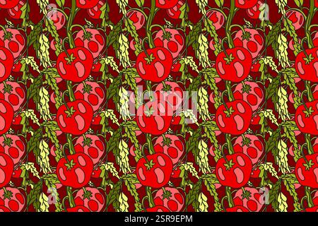 Botanical seamless pattern with cartoon growing red tomatoes vector illustration. Repeating vegetables pattern in bordo color background. Graphic desi Stock Vector