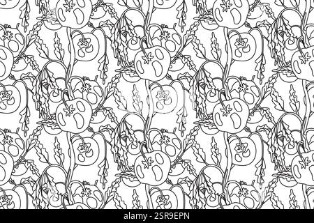 Line art seamless pattern with growing tomatoes vector illustration. Hand drawn outline repeating vegetables pattern background. Graphic design for Wa Stock Vector